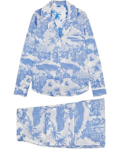 Desmond & Dempsey Loxodonta Printed Cotton Pajama Set - Blue