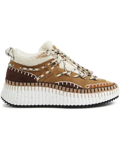 Chloé Nama Shearling And Suede High-top Trainers - Brown