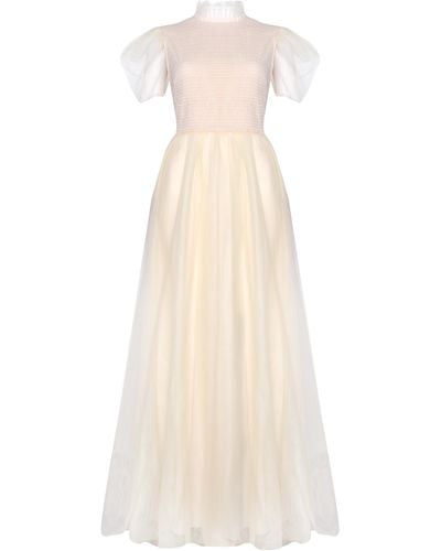 True Decadence Cream Tulle With Sheer Sleeves Maxi Dress - Natural