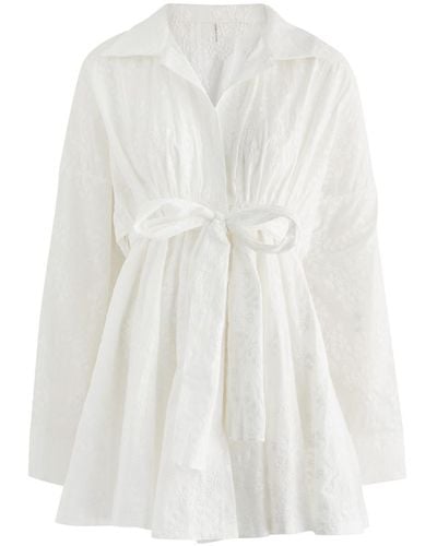 Norma Kamali Floral-Embroidered Cotton Mini Shirt Dress - White