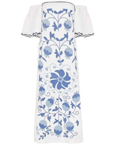 Lug Von Siga Aisha Uzbek Embroidered Linen Midi Dress - Blue