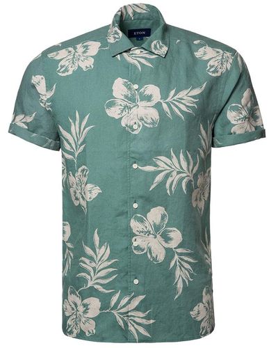 Eton Green Hibiscus Print Linen Resort Shirt - Short Sleeve