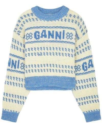 Ganni Logo-Intarsia Wool Jumper - Blue