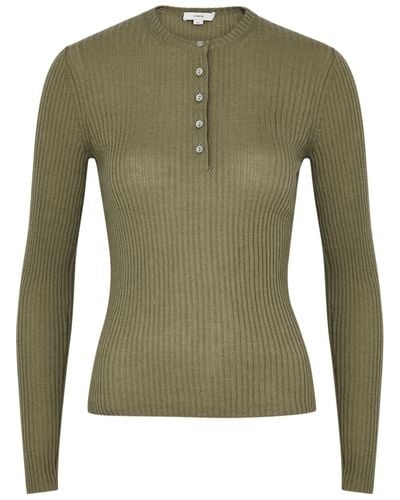 Vince Henley Ribbed Cashmere-blend Top - Green