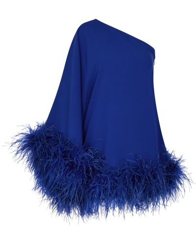 ‎Taller Marmo Piccolo Ubud One-shoulder Feather-trimmed Mini Dress - Blue