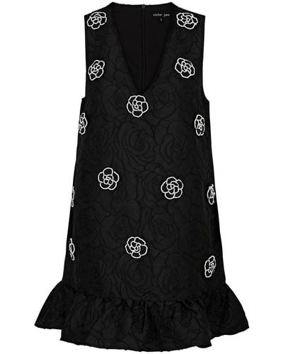 Sister Jane Mural Rose Bead-embellished Cloqué Mini Dress - Black