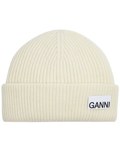 Ganni Fitted Ribbed Wool-blend Beanie - Natural