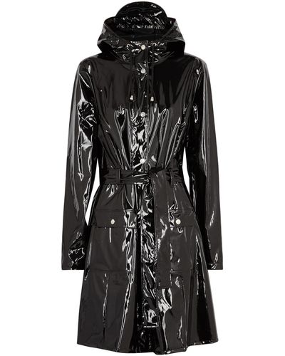 Rains Glossy Curve Patent Rubberised Raincoat - Black