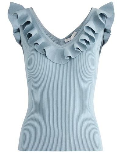 Zimmermann Waverly Ruffle-Trimmed Ribbed-Knit Top - Blue