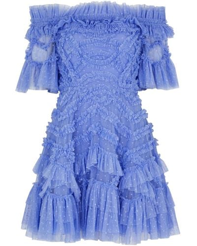Needle & Thread Lana Ruffled Tulle Mini Dress - Blue