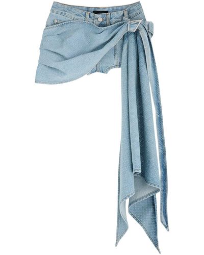 Mugler Crystal-Embellished Draped Denim Shorts - Blue