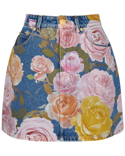 Balmain Floral-Print Denim Mini Skirt - Blue