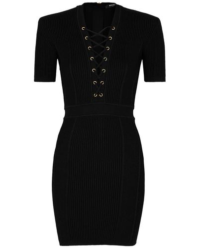 Balmain Lace-up Ribbed-knit Mini Dress - Black