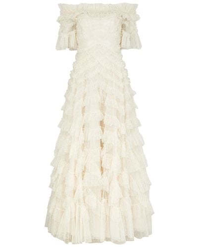 Needle & Thread Lana Off-The-Shoulder Ruffled Tulle Gown - Natural