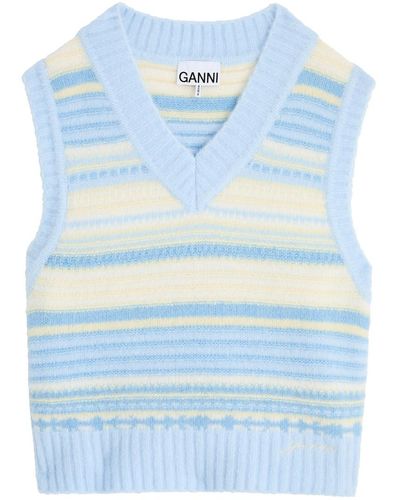 Ganni Striped Wool-Blend Vest - Blue