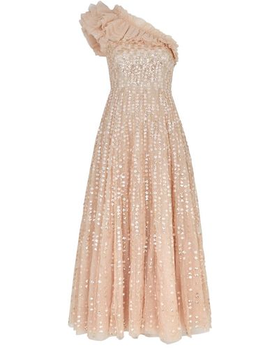 Needle & Thread Raindrop Embellished One-shoulder Tulle Gown - Natural