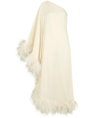 ‎Taller Marmo Ubud One-shoulder Feather-trimmed Crepe Maxi Dress - White