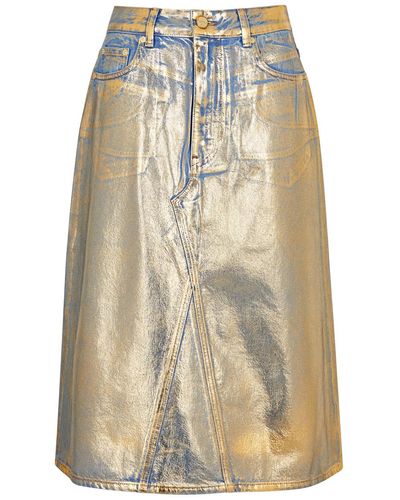 Ganni Foil-print Denim Midi Skirt - Natural