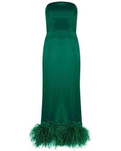 16Arlington Minelli Emerald Feather-trimmed Satin Midi Dress - Green