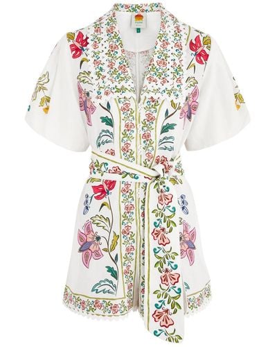 FARM Rio Floral Insects Printed Linen-Blend Playsuit - White