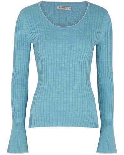 Anna Quan Daria Blue Space-dyed Ribbed-knit Top