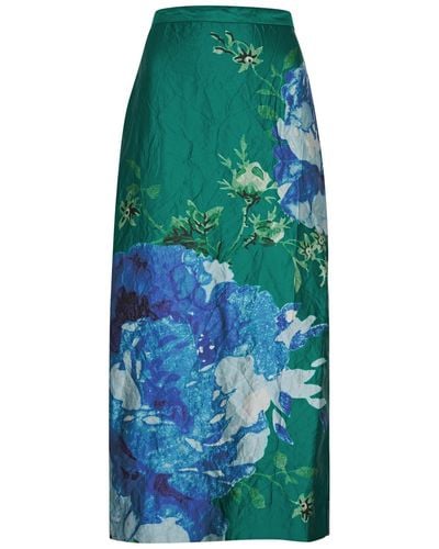 Erdem Floral-print Crinkled Satin Midi Skirt - Blue