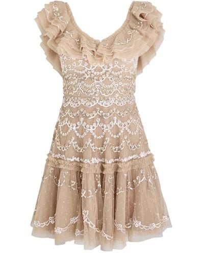 Needle & Thread Everthine Sequin-Embellished Tulle Mini Dress - Natural
