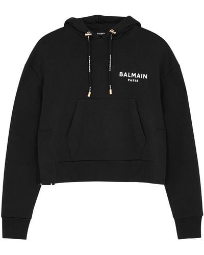 Balmain Cropped Hooded Cotton Sweatshirt - Black