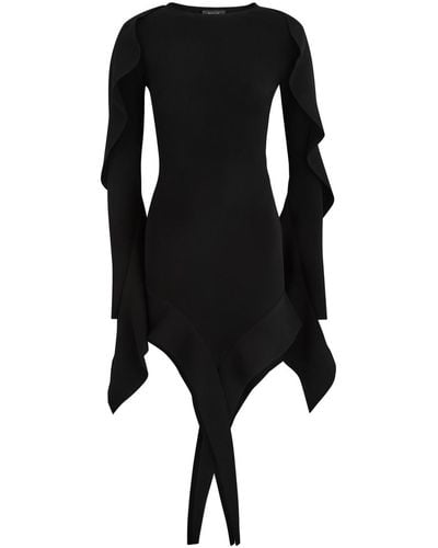 Mugler Asymmetric Ruffled Stretch-Knit Mini Dress - Black