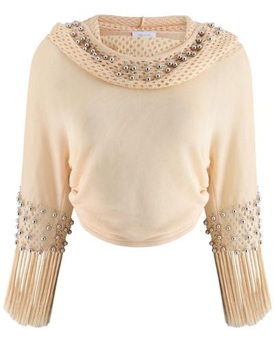 Rabanne Hooded Bead-Embellished Fringed Knitted Top - Natural