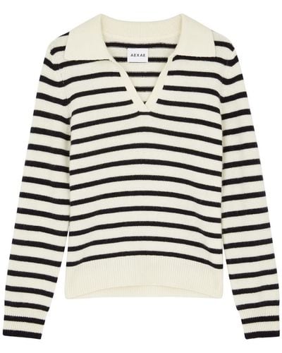 AEXAE Striped Cashmere Polo Sweater - White