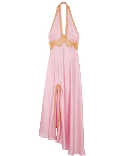De La Vali Flora Lace-trimmed Silk-satin Maxi Dress - Pink