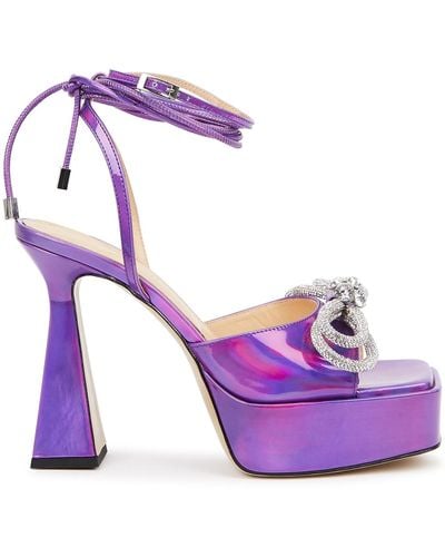 Mach & Mach Double Bow Crystal-embellished Iridescent Leather Platform Sandals - Purple