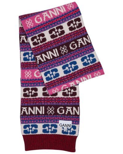 Ganni Striped Logo-intarsia Wool-blend Scarf - Red