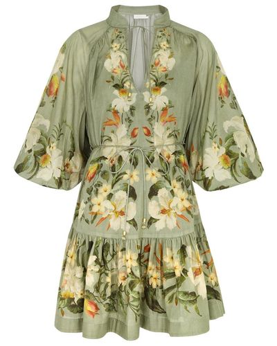 Zimmermann Lexi Billow Floral-Print Cotton Mini Dress - Green