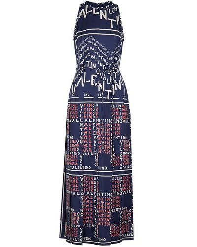 Valentino Chevron And Puzzle Print Twill Silk Dress - Blue