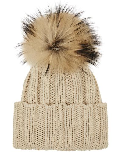 Inverni Pompom Ribbed Cashmere Beanie - Natural