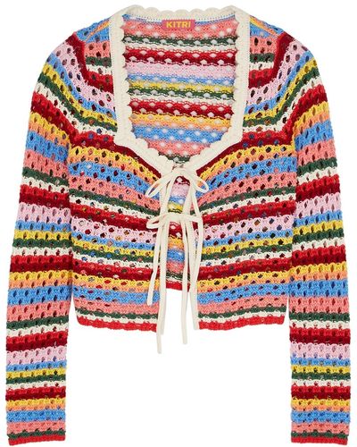 Kitri Dionne Striped Crochet-Knit Cardigan - Red
