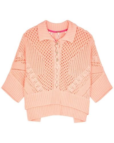 Free People To The Point Pointelle-Knit Polo Top - Pink