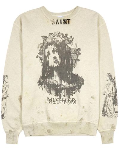 SAINT Mxxxxxx Mother Printed Distressed Cotton Sweatshirt - Natural
