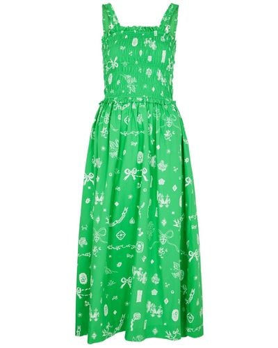 Damson Madder Kiera Printed Cotton Midi Dress - Green