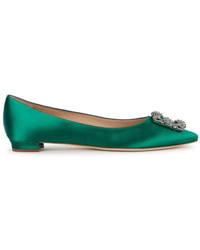 Manolo Blahnik Hangisi 10 Emerald Silk-Satin Flats, Court Shoes, 4 - Green