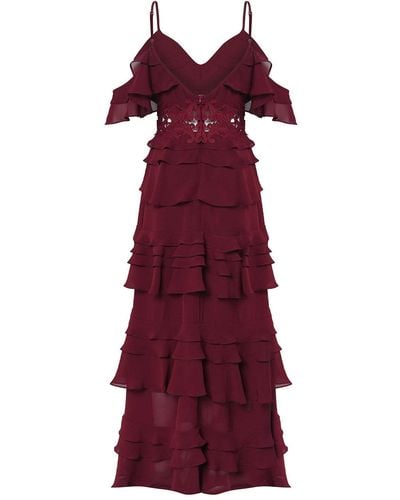 True Decadence Burgundy Plunge Front Tiered Ruffle Maxi Dress