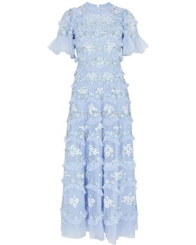 Needle & Thread Daisy Wave Floral-Embroidered Tulle Dress - Blue