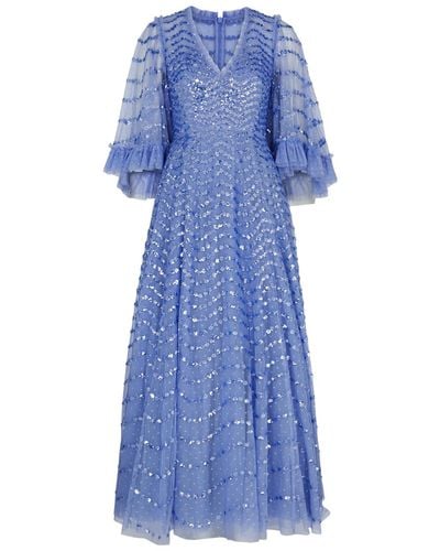 Needle & Thread Shimmer Wave Sequin-Embellished Tulle Gown - Blue