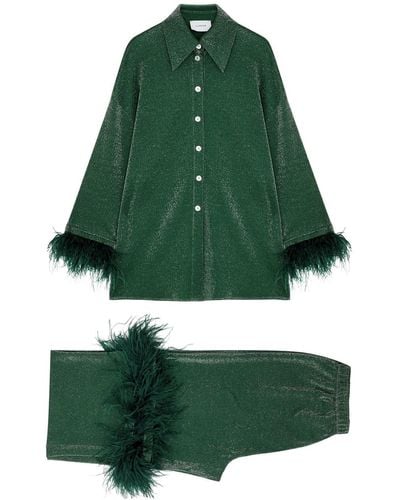 Sleeper Cosmos Feather-trimmed Metallic Pyjama Set - Green