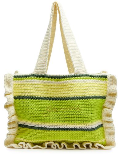 Ganni Striped Ruffled Crochet Tote - Green