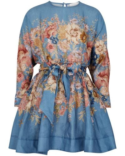 Zimmermann August Floral-Print Linen Mini Dress - Blue