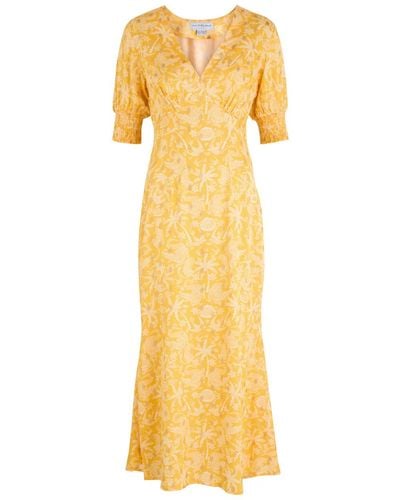 Never Fully Dressed May Printed Satin Midi Dress - Yellow