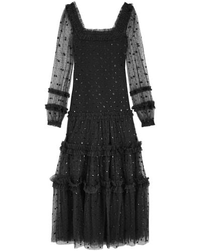 Needle & Thread Polka Dot Sequin-Embellished Smocked Gown - Black